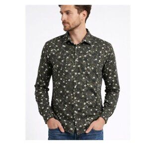 Zara Man Slim Fit Floral Button-Up Shirt in Dark Forest Green Small Long…